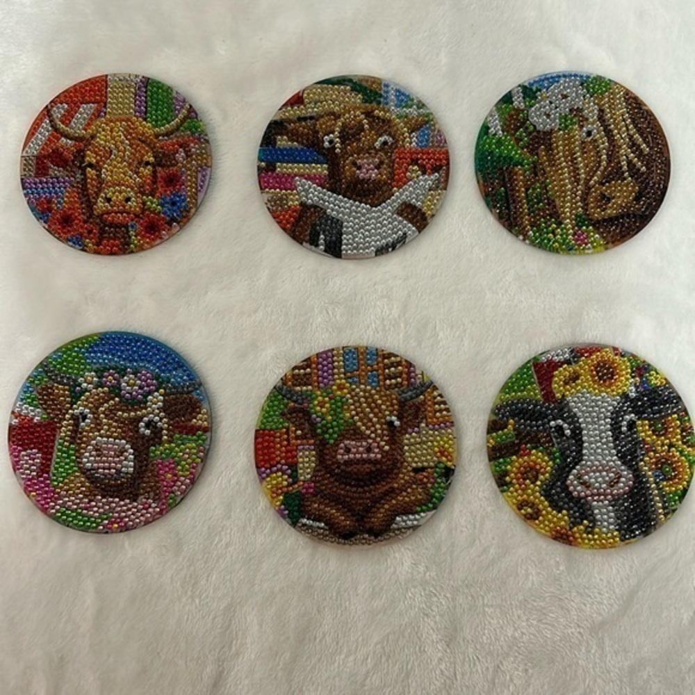 Completed Diamond Art Coasters Cow Set! Set of 6!